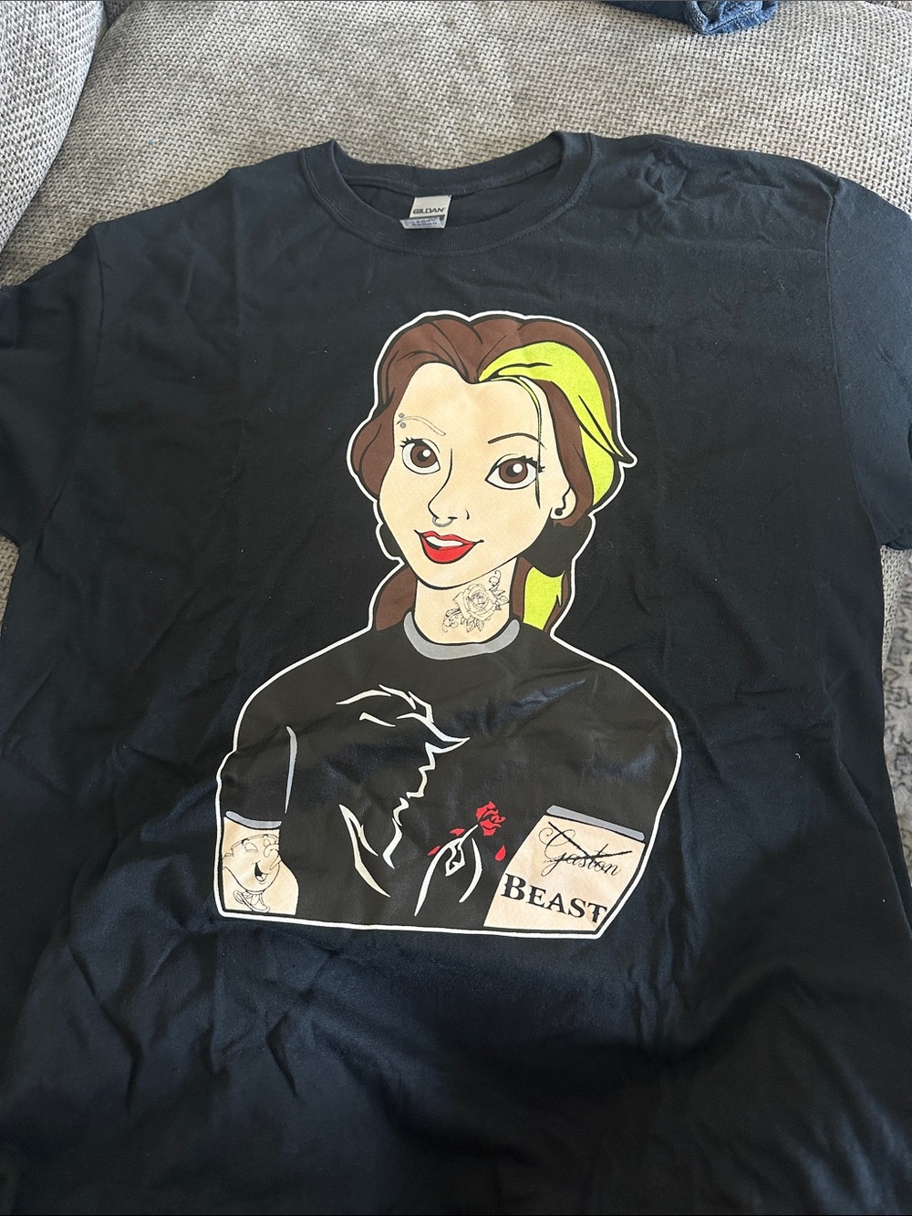 Black Graphic Cartoon Portrait T-Shirt with Yellow Accent